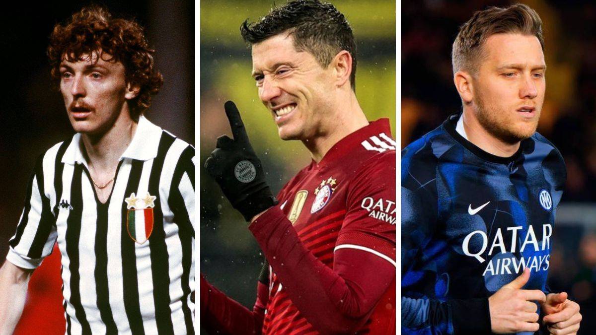 Trzy portrety piłkarzy: Zbigniew Boniek, Robert Lewandowski, Piotr Zieliński.