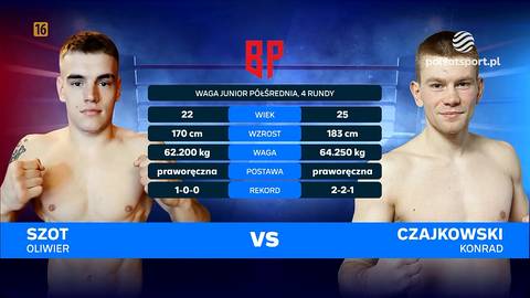 Dwaj młodzi bokserzy, Oliwier Szot po lewej i Konrad Czajkowski po prawej, prezentują swoje statystyki przed walką. Na ekranie widnieją dane takie jak waga, wzrost i rekord.