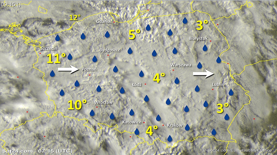 Zdjęcie satelitarne Polski w dniu 25 października 2018 o godzinie 9:15. Dane: Sat24.com / Eumetsat.