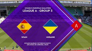 Herb Hiszpanii i Ukrainy, z napisem "WOMEN'S EUROPEAN QUALIFIERS LEAGUE A - GROUP 3" i informacją o miejscu "ESTADIO BAHRAIN VICTORIOUS NUEVO ARCHANGEL DE CORDOBA, SPAIN".