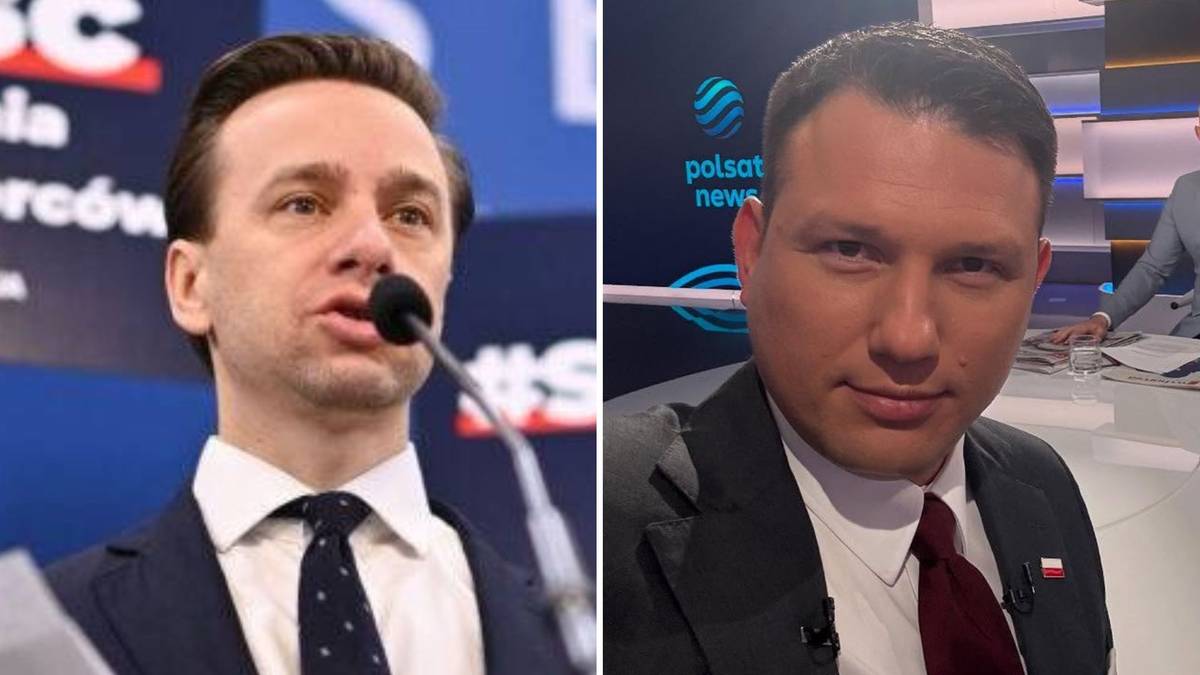 Dwa zdjęcia osób w garniturach, jedno z mikrofonem, drugie z logo Polsat News w tle.