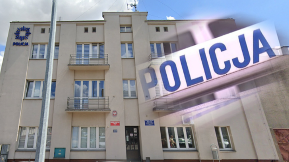 Budynek Komendy Powiatowej Policji w Kole z nałożonym napisem POLICJA.