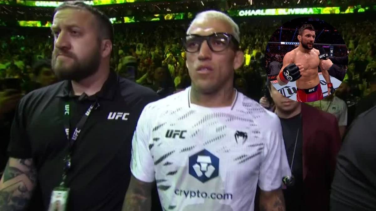 Sportowiec UFC w okularach, w tle widać innych ludzi i mały obrazek innego zawodnika.