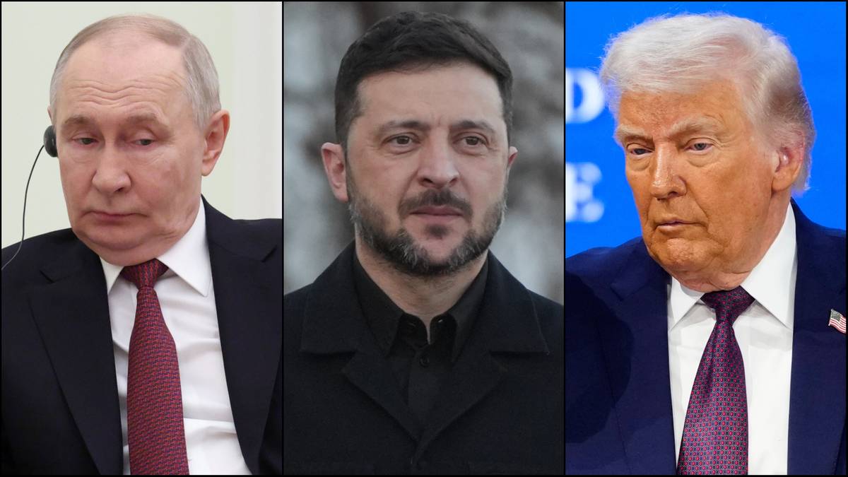 Trzy portrety mężczyzn: Władimira Putina, Wołodymyra Zełenskiego i Donalda Trumpa.