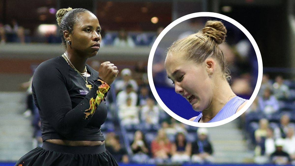 Dwie tenisistki, jedna z zaciętą miną podczas meczu, druga płacząca w okrągłym kadrze.