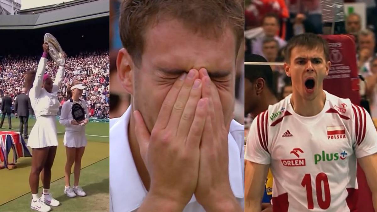 Kolaż trzech zdjęć sportowych: tenisistka z pucharem na Wimbledonie, piłkarz zakrywający twarz rękami po emocjonującym momencie, siatkarz w stroju reprezentacji Polski z podniesionymi rękami.