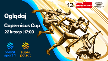 Grafika promocyjna Copernicus Cup z sylwetkami lekkoatletów w ruchu, informująca o transmisji na kanałach Polsat Sport 1 i Super Polsat 22 lutego o 17:00.