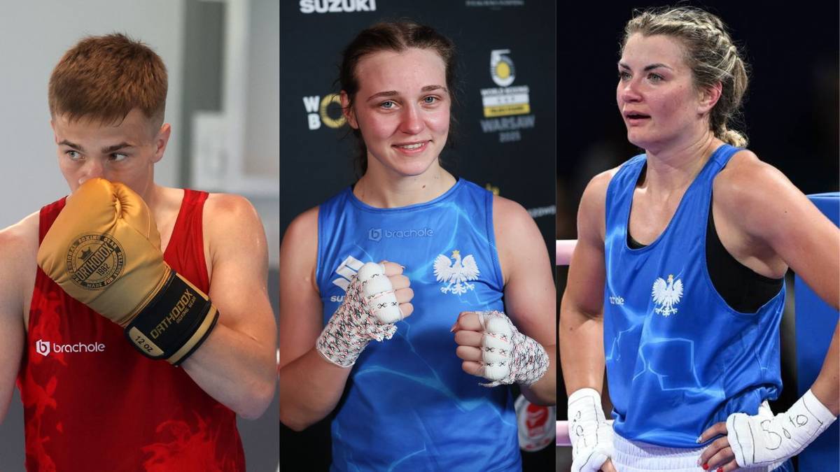 Trzy obrazy bokserek i boksera z reprezentacji Polski.