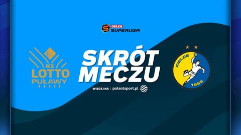 Logo LOTTO Puławy i Industria Kielce oraz napis SKR&Oacute;T MECZU na niebieskim tle z elementami graficznymi.