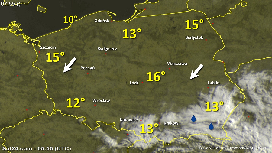 Zdjęcie satelitarne Polski w dniu 8 maja 2018 o godzinie 7:55. Dane: Sat24.com / Eumetsat.