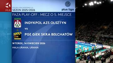 Fragment skr&oacute;tu meczu siatk&oacute;wki pomiędzy Indykpol AZS Olsztyn a PGE GIEK Skra Bełchat&oacute;w, sezon 2025/2026, faza play-off, mecz o 5. miejsce, kt&oacute;ry odbędzie się we wtorek, 14 kwietnia 2026 roku w Hali Urania w Olsztynie.