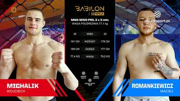 Dwaj zawodnicy MMA, Wojciech Michalik i Maciej Romankiewicz, stoją obok siebie. Pomiędzy nimi znajduje się tabela z danymi zawodnik&oacute;w.