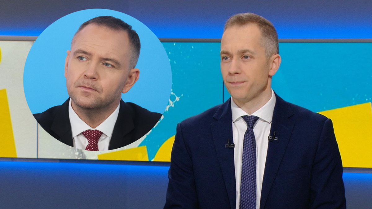 Dwaj mężczyźni w garniturach, jeden z nich mówi do kamery, drugi jest widoczny w okrągłym kadrze.