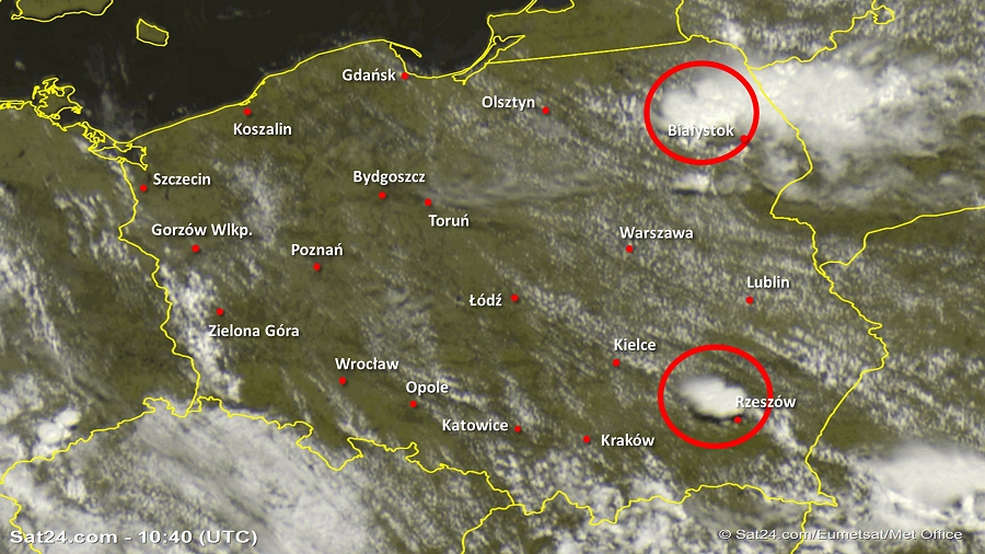 Zdjęcie satelitarne Polski w dniu 6 czerwca 2019 o godzinie 12:40. Dane: Sat24.com / Eumetsat.