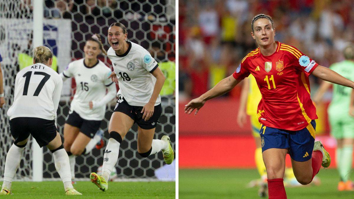 Dwie sceny z meczów piłki nożnej kobiet: po lewej świętujące zawodniczki w białych strojach, po prawej zawodniczka Hiszpanii w czerwonym stroju z piłką.