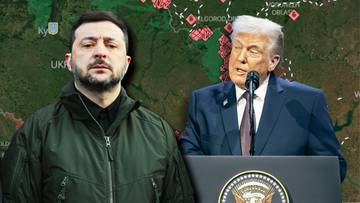 Prezydent Ukrainy Wołodymyr Zełenski i były prezydent USA Donald Trump na tle mapy.
