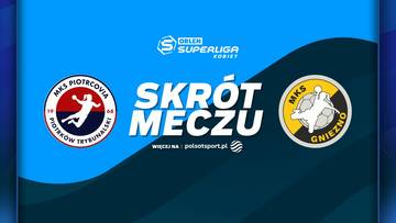 Logo Piotrcovia Piotrk&oacute;w Trybunalski i Enea MKS Gniezno na tle napisu "SKR&Oacute;T MECZU" i logo Orlen Superliga Kobiet.