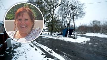 Portret uśmiechniętej kobiety w okrągłym kadrze po lewej stronie, obok zdjęcie zimowego krajobrazu z drogą i drzewami po prawej.