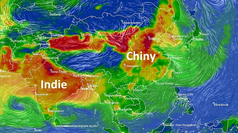 Jakość powietrza w Azji. Czerwony kolor oznacza skrajnie duże zanieczyszczenie. Fot. iqair.com