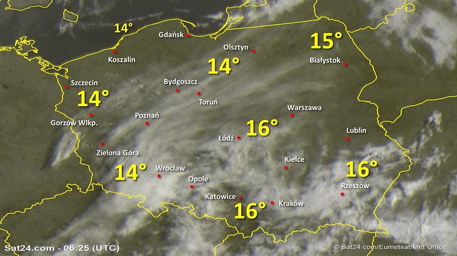 Zdjęcie satelitarne Polski w dniu 22 sierpnia 2019 o godzinie 8:25. Dane: Sat24.com / Eumetsat.