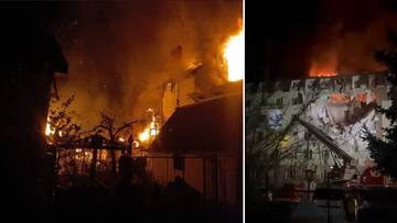 Dwa zdjęcia pokazują nocne zniszczenia budynk&oacute;w mieszkalnych w Odessie spowodowane atakiem dron&oacute;w. Na lewym zdjęciu widać płonący budynek z widocznym ogniem i dymem, a na prawym zdjęciu uszkodzony blok mieszkalny z widocznymi gruzami i pracującą strażą pożarną.