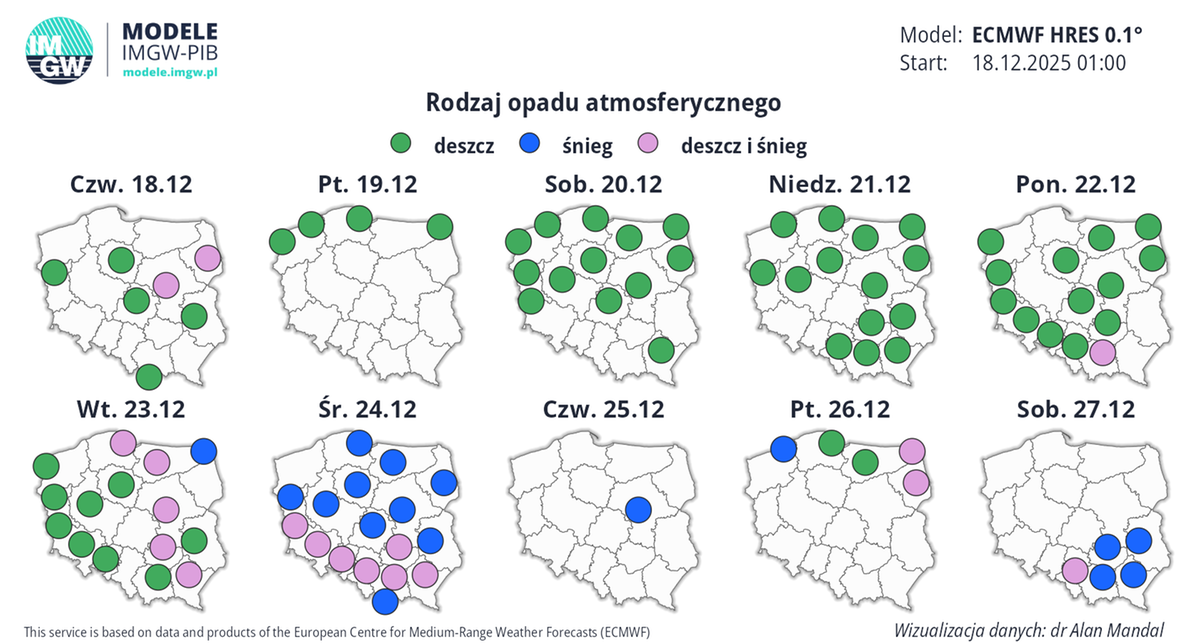Prognoza pogody na Boże Narodzenie z możliwymi opadami deszczu, śniegu i deszczu ze śniegiem