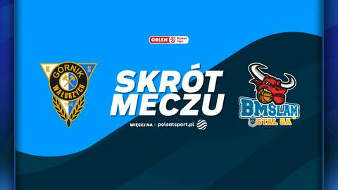 Logo G&oacute;rnika Wałbrzych i BMSlam Ostr&oacute;w Wielkopolski, z napisem "SKR&Oacute;T MECZU" pomiędzy nimi. Obrazek przedstawia logotypy dw&oacute;ch drużyn koszykarskich i informuje o skr&oacute;cie meczu.