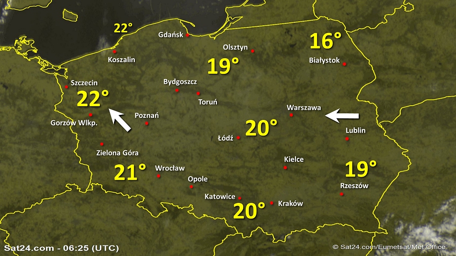 Zdjęcie satelitarne Polski w dniu 3 czerwca 2019 o godzinie 8:25. Dane: Sat24.com / Eumetsat.