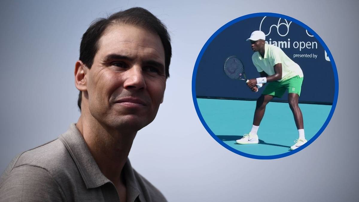 Rafael Nadal obok okrągłego obrazka przedstawiającego tenisistę grającego w Miami Open.