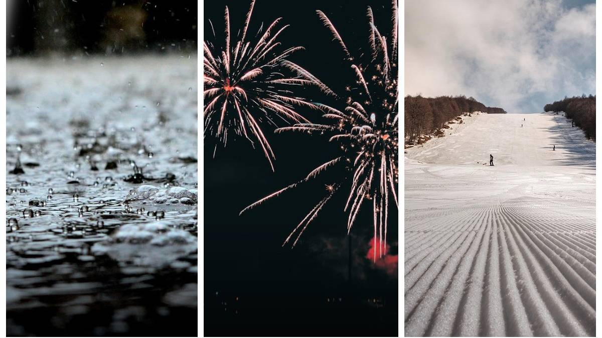 Kolaż trzech obrazów: krople deszczu na wodzie, fajerwerki na nocnym niebie, stok narciarski przygotowany do jazdy.
