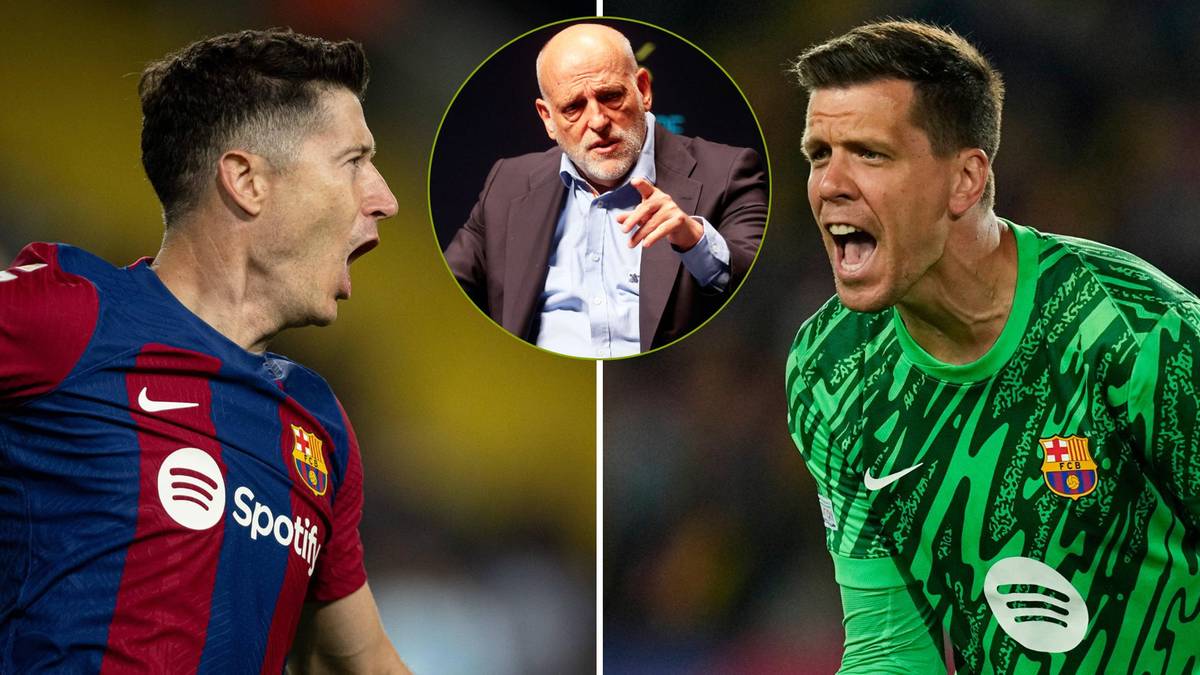 Robert Lewandowski w koszulce FC Barcelony i Wojciech Szczęsny w zielonej koszulce bramkarskiej, obaj krzyczą. W tle zdjęcie szefa ligi.