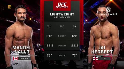 Dw&oacute;ch zawodnik&oacute;w MMA, Mandel Nallo i Jai Herbert, pozuje do zdjęcia przed tablicą z danymi zawodnik&oacute;w UFC. Na ekranie widać por&oacute;wnanie wieku, wzrostu, wagi i zasięgu ramion obu wojownik&oacute;w.