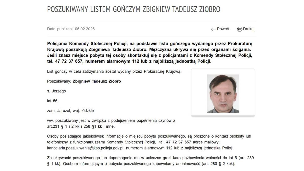 Prokuratura Krajowa wystawiła list gończy za Zbigniewem Ziobrą