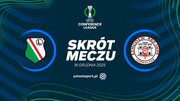 Logo Legii Warszawa po lewej stronie, herb klubu Lincoln Red Imps po prawej stronie. Pomiędzy nimi napis "SKRÓT MECZU" oraz data "18 GRUDNIA 2025". Na górze logo Ligi Konferencji UEFA. Na dole logo Polsat Sport.