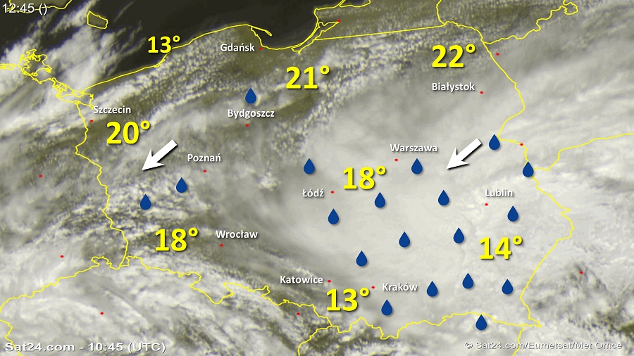 Zdjęcie satelitarne Polski w dniu 16 maja 2018 o godzinie 12:45. Dane: Sat24.com / Eumetsat.