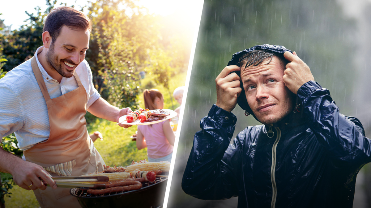 Podzielony obrazek: po lewej mężczyzna grilluje na słonecznym podw&oacute;rku, po prawej mężczyzna stoi w ulewnym deszczu.