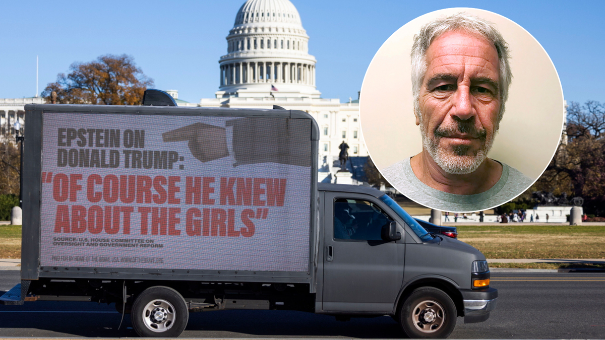 Ciężarówka z billboardem o sprawie Jeffreya Epsteina na tle Kapitolu USA, obok zdjęcie Epsteina.