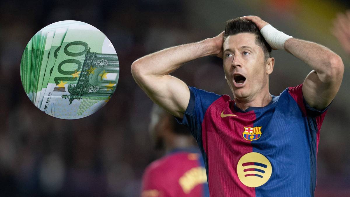 Robert Lewandowski w koszulce FC Barcelony z dłońmi na głowie, obok obrazek z banknotami 100 euro.