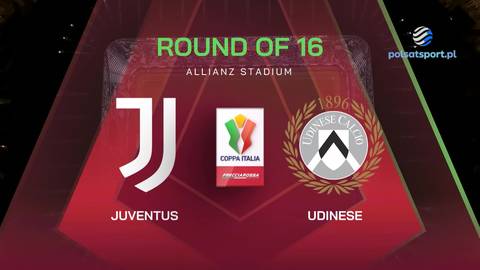 Logo Juventusu, logo Pucharu Włoch i logo Udinese na tle planszy informacyjnej meczu "Round of 16" na stadionie Allianz.