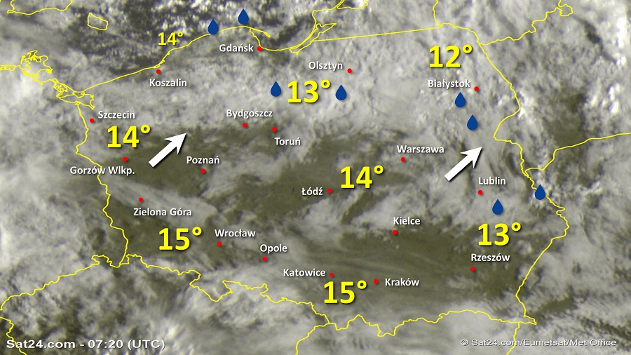 Zdjęcie satelitarne Polski w dniu 29 września 2019 o godzinie 9:20. Dane: Sat24.com / Eumetsat.