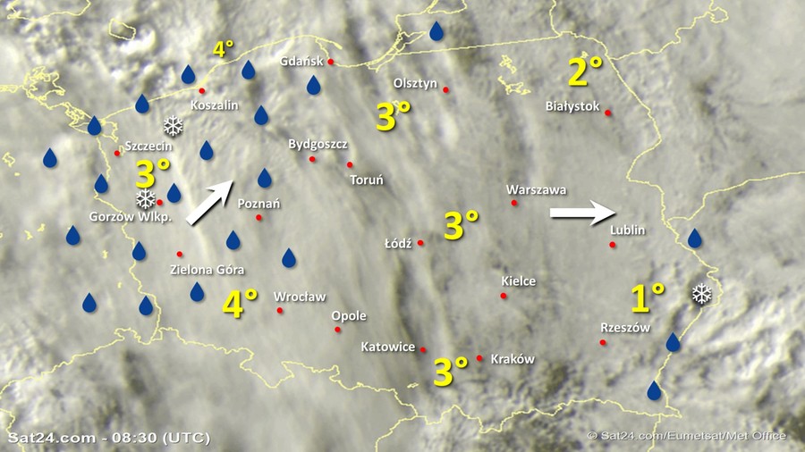 Zdjęcie satelitarne Polski w dniu 30 stycznia 2020 o godzinie 9:30. Dane: Sat24.com / Eumetsat.