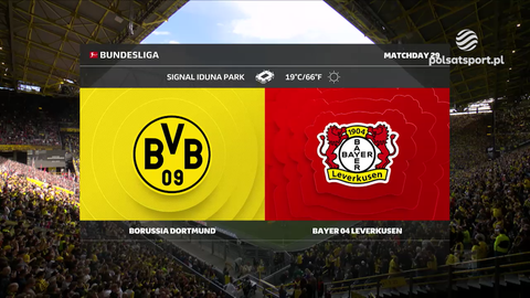 Ekran informacyjny z logotypami Borussii Dortmund i Bayer Leverkusen, informacją o Bundeslidze i stadionie Signal Iduna Park.