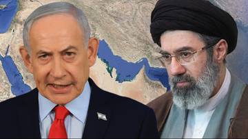 Portrety polityk&oacute;w Izraela i Iranu na tle mapy Bliskiego Wschodu.