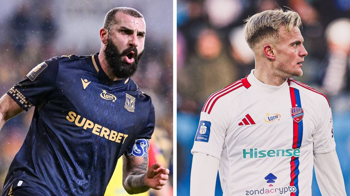 Dw&oacute;ch piłkarzy w strojach klubowych, jeden w granatowej koszulce z napisem "SUPERBET", drugi w białej z czerwono-niebieskimi pasami.