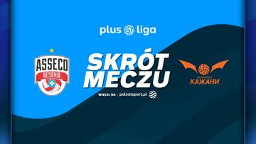 Grafika z logotypami Asseco Resovia Rzesz&oacute;w i Barkom-Każany Lw&oacute;w, napisem "Plus Liga" oraz "SKR&Oacute;T MECZU".