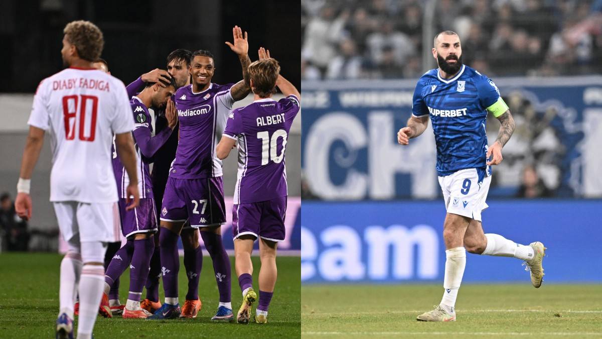 Dwie grafiki przedstawiające piłkarzy podczas meczu. Po lewej stronie grupa piłkarzy w fioletowych strojach z białymi numerami, po prawej piłkarz w niebieskim stroju z białymi akcentami.