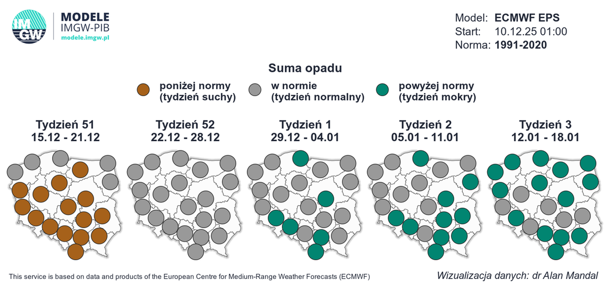 W okresie świąt Bożego Narodzenia suma opadów powinna zmieścić się w normie wieloletniej. To daje pewne nadzieje na lokalne opady śniegu