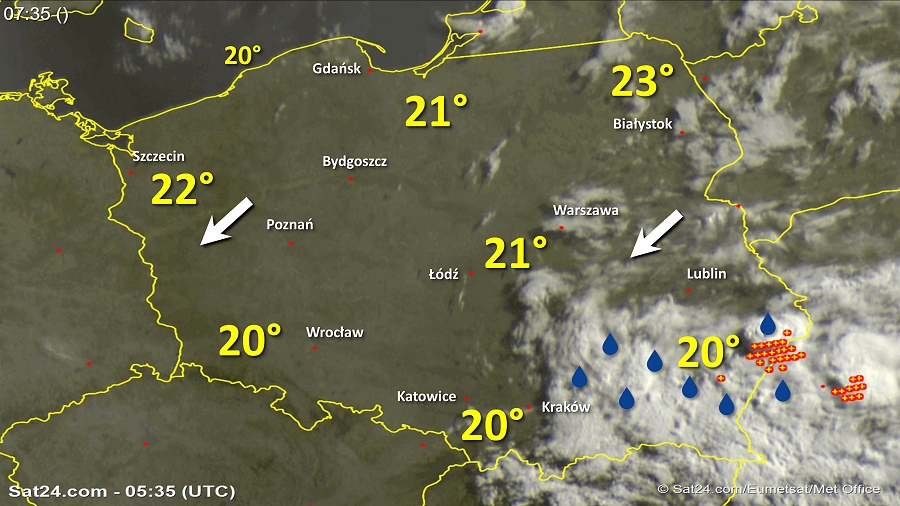 Zdjęcie satelitarne Polski w dniu 31 lipca 2018 o godzinie 7:37. Dane: Sat24.com / Eumetsat.