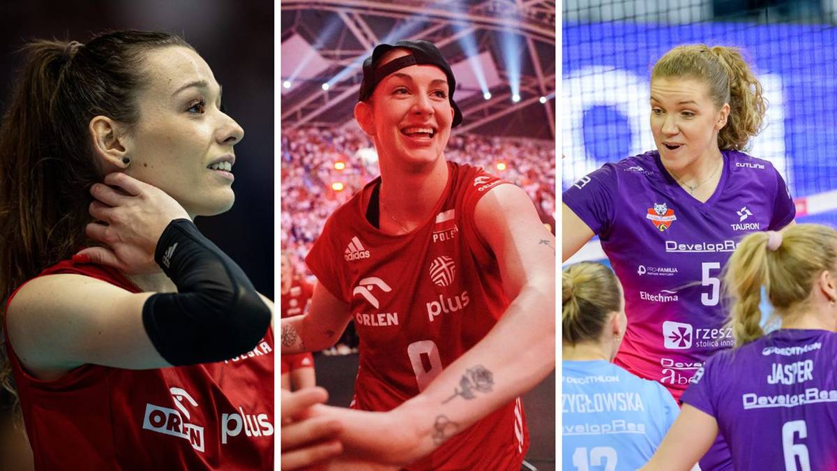 Trzy siatkarki na tle boiska i trybun.