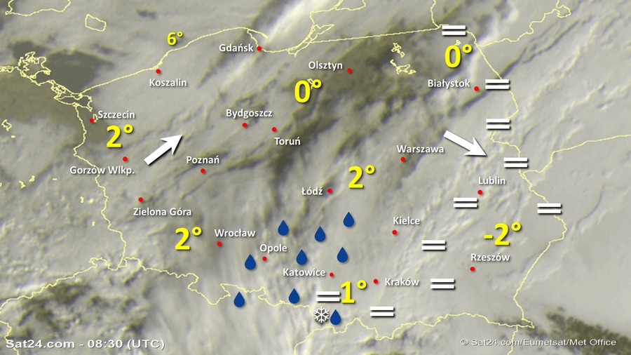 Zdjęcie satelitarne Polski w dniu 19 stycznia 2020 o godzinie 9:30. Dane: Sat24.com / Eumetsat.